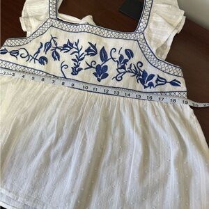 White Tiered Babydoll Blouse with Blue Floral Embroidery